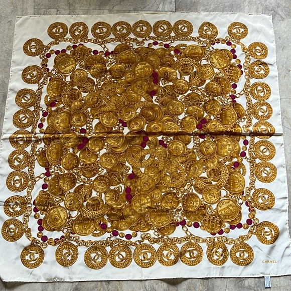 CHANEL Accessories - Vintage Chanel Gold Medallion Chain Print Silk Scarf - Made in Italy